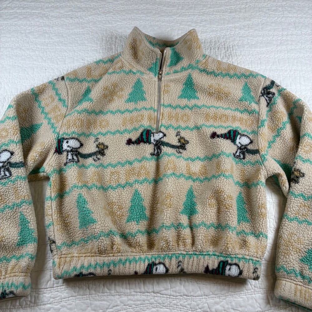 Peanuts Fleece Pullover Size Large Snoopy Woodstock Holiday Sherpa Zip Cropped